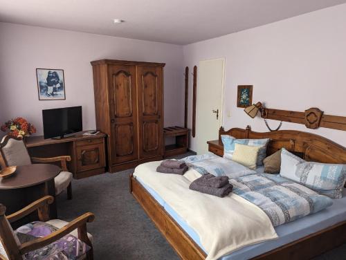 - une chambre avec un lit, un bureau et une télévision dans l'établissement Gasthaus alt Freyburg, à Freyburg