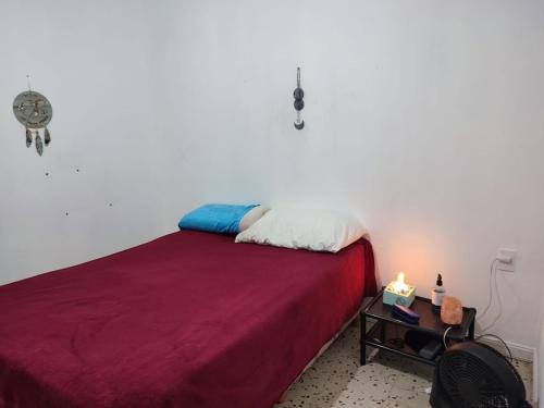 1 dormitorio con 1 cama con manta roja y mesa en El Puente de SIl en Coronel Suárez