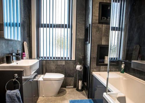 uma casa de banho com um WC, uma banheira e um lavatório. em Johaan em Caernarfon