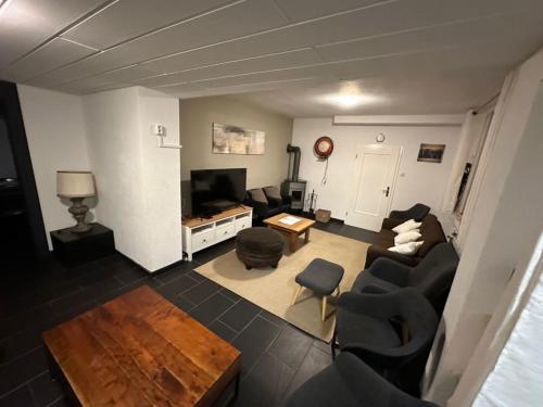 ein Wohnzimmer mit einem Sofa, Stühlen und einem TV in der Unterkunft Ferienhaus Winterberg Lodge in Winterberg