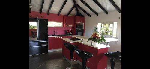 a red kitchen with black appliances and red cabinets at Villa les Maripas T3 in Petit-Canal