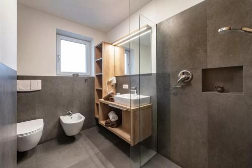 a bathroom with a sink and a toilet and a mirror at Jaiterhof Apartment Reinhold Messner in Villnoss
