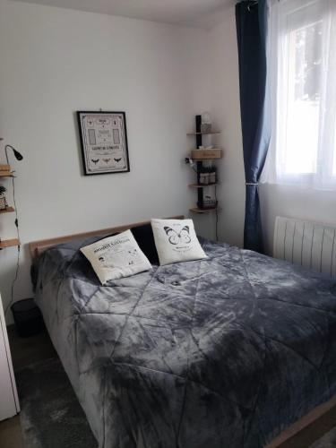 une chambre avec un lit avec deux oreillers dessus dans l'établissement Petit nid douillet dans un cocon de verdure, à Vaires-sur-Marne