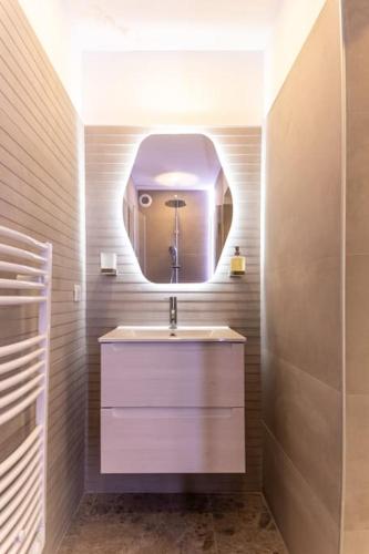 une salle de bain avec un lavabo et un miroir dans l'établissement Grand Appartement, Belle vue mer, à Olmeto