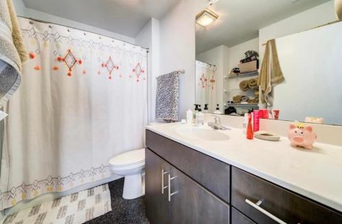 a bathroom with a sink and a toilet and a shower at Hillsborough Street Flat in Raleigh