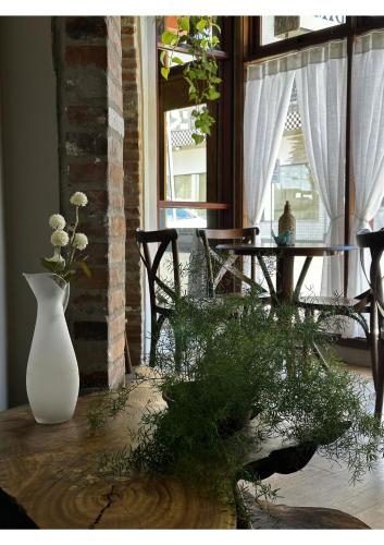 a white vase sitting on a table with flowers at Hotel Imigrantes in Bento Gonçalves