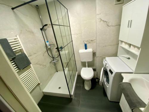 a bathroom with a shower and a toilet and a sink at Like Home in Arad