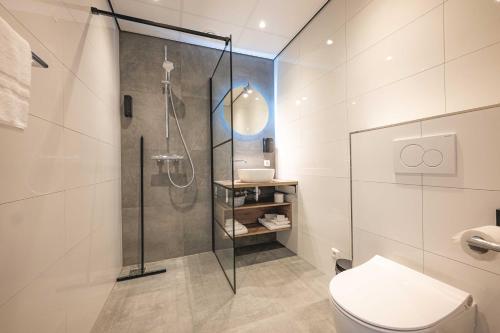 W łazience znajduje się przeszklony prysznic i toaleta. w obiekcie De Klomp Charme Hotel & Restaurant w mieście Vilsteren