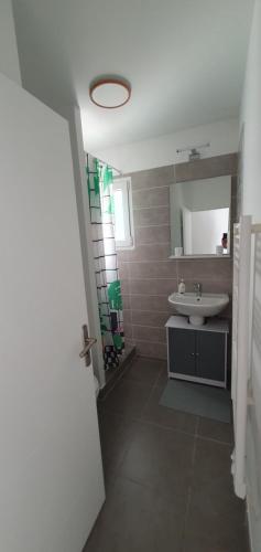 une salle de bain avec un lavabo blanc et un miroir dans l'établissement 1 studio RDC et 1 studio 1er étage hauts de villeneuve les Avignon, à Villeneuve-lès-Avignon