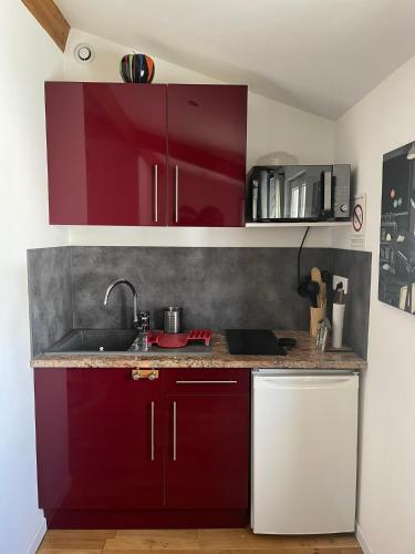une cuisine avec des armoires rouges et un évier dans l'établissement Le cocon champenois, à Épernay