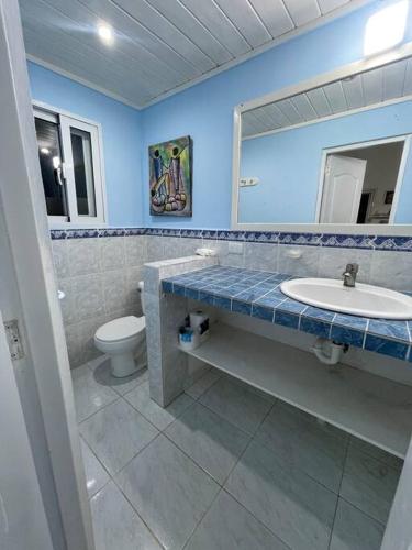 y baño con lavabo, aseo y espejo. en Casita de 2 habitaciones, en Las Terrenas