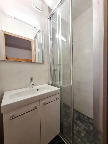 une salle de bain avec un lavabo et une douche dans l'établissement Meije 5 - C3 - Appart 4 pers proche pistes, à Les Deux Alpes
