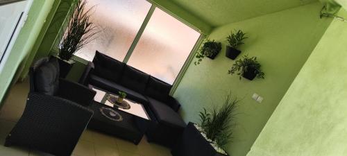 a room with black chairs and a window with plants at Marinkovic 2 stan na dan in Vranje