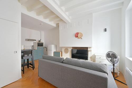 Il comprend un salon avec un canapé gris et une cuisine. dans l'établissement Studio Marie - Proche Théatres et Place des corps saints - WIFI, à Avignon