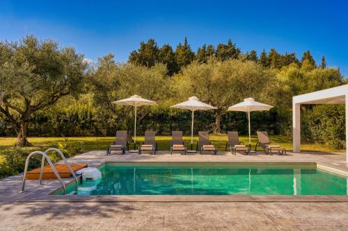 a swimming pool with chairs and umbrellas at Valeria Private Villa in Plános