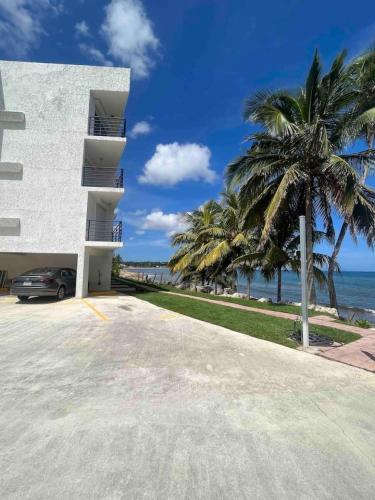 a building next to the beach with palm trees at Beachfront Luxury Apartment in Aguada