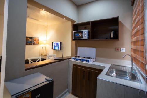 una pequeña cocina con fregadero y microondas en Furnished 1 Bedroom Apartment in Accra, en Accra
