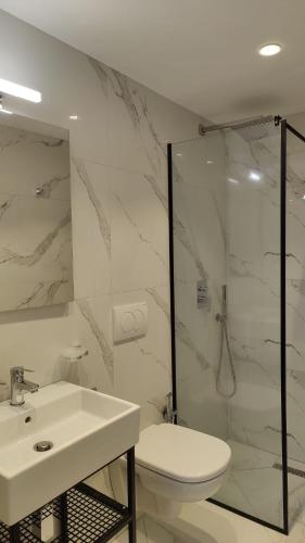 a bathroom with a toilet and a sink and a shower at Gogo Moustache Guest House in Përmet