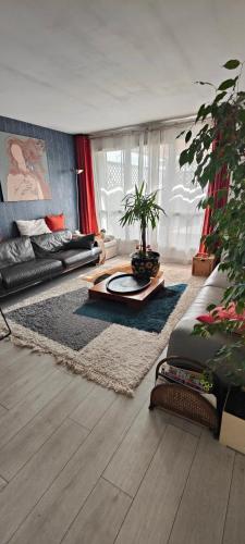 uma sala de estar com um sofá e uma mesa em appartement avec grande terrasse em Le Blanc-Mesnil