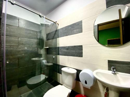 a bathroom with a toilet and a sink and a mirror at INKA HOTEL in Cúcuta