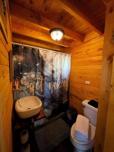 een badkamer met een wastafel en een toilet in een cabine bij Chalet & Kiosko dónde Piedra in San Isidro