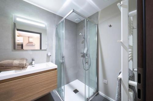 une salle de bain avec une douche en verre et un lavabo dans l'établissement Le SCANDINAVE Centre Ville/2 chambres + Terrasse, à Colmar