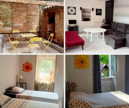 un collage de quatre photos d'une chambre et d'une pièce dans l'établissement Domaine Castel Negre Alet Les Bains, à Alet-les-Bains