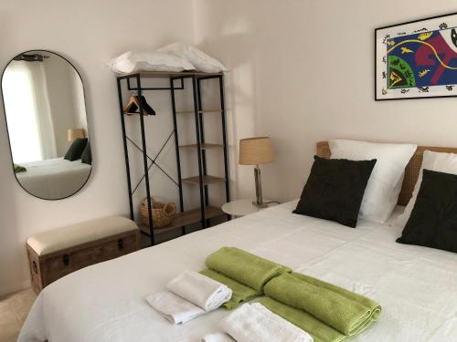 a bedroom with a large white bed with a mirror at La Petite Rive - Les Tilleuls in Velleron