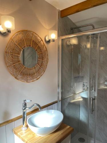 a bathroom with a sink and a mirror at Hafod Shepherd Hut in Aberystwyth