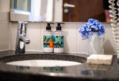 - un lavabo dans la salle de bains avec 3 bouteilles de nettoyage dans l'établissement Apartment in central Stellenbosch, à Stellenbosch
