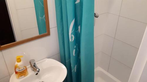 a bathroom with a sink and a blue shower curtain at Monte Vacation Apartments Vienna 10 Minutes to downtown in Vienna