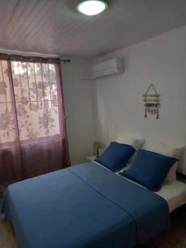 ein Schlafzimmer mit einem Bett mit blauen Kissen und einem Fenster in der Unterkunft Saint Laurent de la Salanque Charmant T2 classé 3 étoiles in Saint-Laurent-de-la-Salanque
