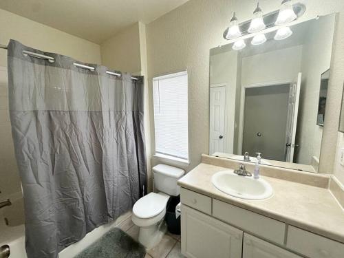 uma casa de banho com um lavatório, um WC e um chuveiro em Private 1/1 Unit in Sanford, FL em Sanford