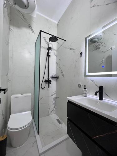 a bathroom with a shower and a toilet and a sink at Cactus Apartments in Durrës