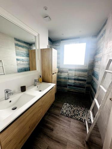 une salle de bain avec un lavabo et un miroir dans l'établissement Grande villa proche de la mer, à Canet