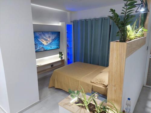 a bedroom with a bed and a flat screen tv at Yaque Suite in El Yaque