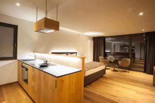 um quarto com uma cama e uma cozinha com um lavatório em Deluxe Doppelzimmer mit Küchenzeile em Hilzingen