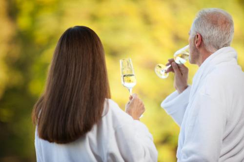 um homem e uma mulher segurando um copo de vinho em Deluxe Doppelzimmer mit Küchenzeile em Hilzingen