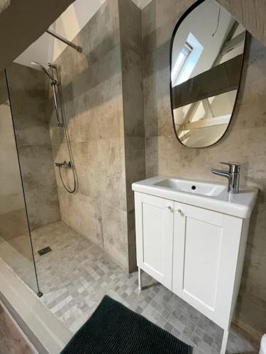 une salle de bain avec un lavabo et une douche avec un miroir dans l'établissement Magnifique cocon familial - 8 personnes - Parking inclus, à Arras