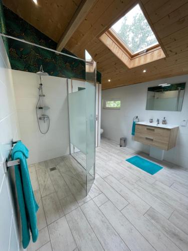 W łazience znajduje się szklana kabina prysznicowa i umywalka. w obiekcie l'Héberge du Lac d'Isachris (Médoc) w mieście Queyrac