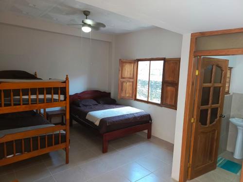 普拉亞斯的住宿－Playas，一间卧室设有两张双层床和一扇窗户。