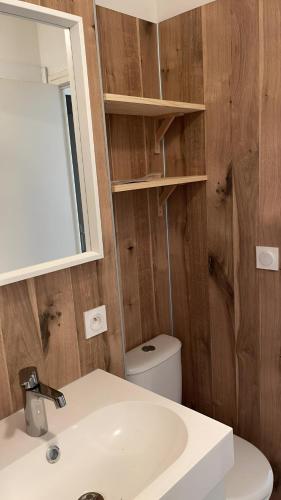 une salle de bain avec un lavabo, des toilettes et un miroir dans l'établissement Bord de mer, maison paisible et rénovée à Penvins, à Sarzeau