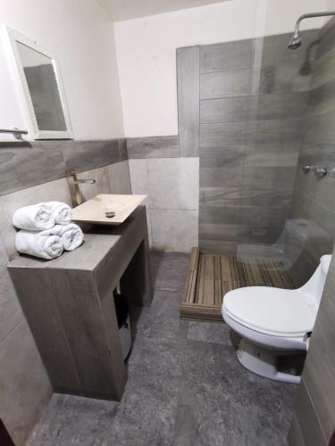 La salle de bains est pourvue de toilettes, d'un lavabo et d'une baignoire. dans l'établissement HOTEL CARLO, à Guanajuato