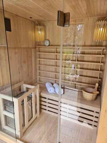a sauna with a glass shower and a dog in it at Holiday Home David in Slunj