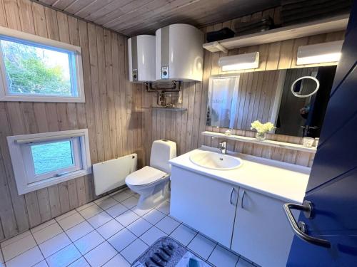 baño con lavabo y aseo y ventana en Holiday Home Blia - all inclusive - 125m from the sea by Interhome, en Lumsås