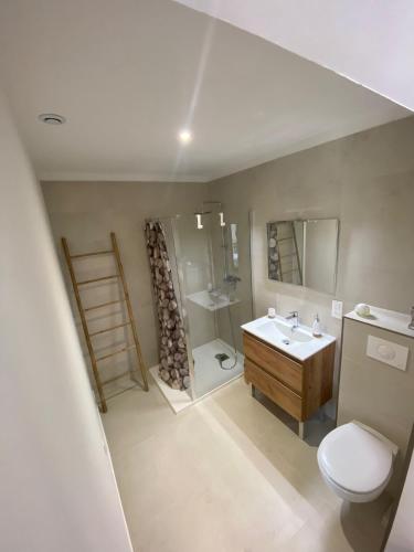 une salle de bain avec toilettes et lavabo dans l'établissement U FARNIENTE, à Patrimonio