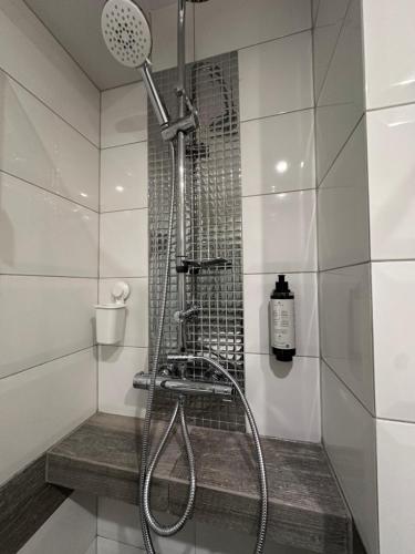 a shower with a shower head in a bathroom at Maya's Flats & Resorts 59 - Most Miłości in Gdańsk