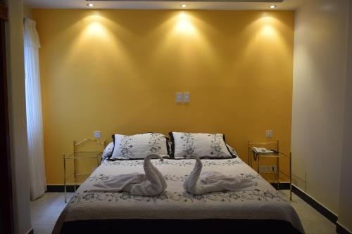 dos cisnes están sentados en una cama en un dormitorio en Hotel De Las Artes en Termas de Río Hondo