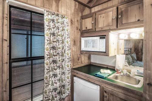 La cuisine est équipée d'un évier et d'un four micro-ondes. dans l'établissement Rainbow Lake Cabin & RV Resort, à Ruidoso