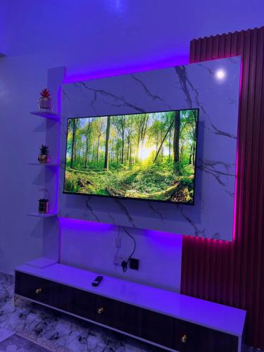 telewizor z płaskim ekranem na ścianie z fioletowymi światłami w obiekcie Havmoorehomes Ltd w mieście Port Harcourt